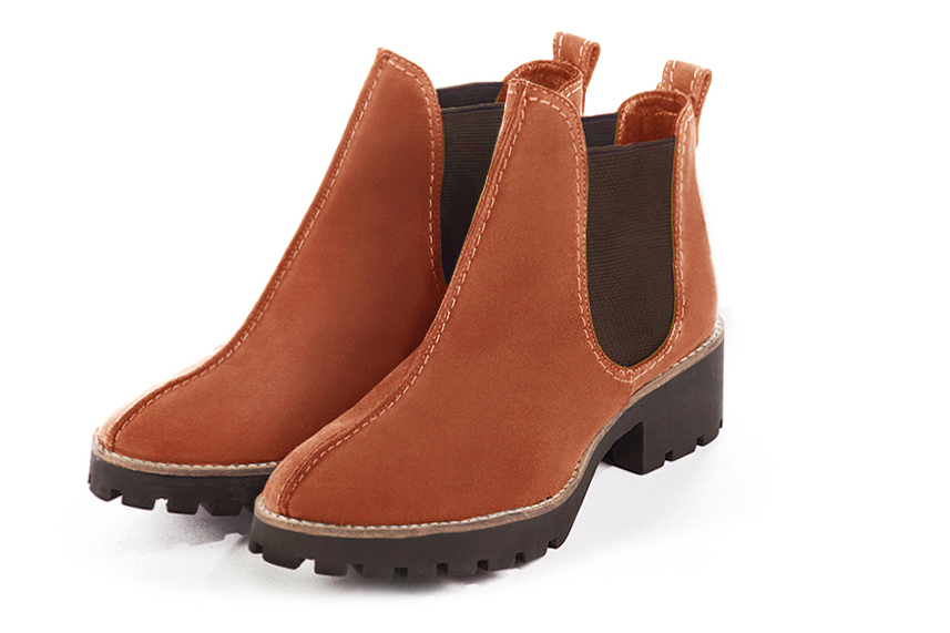 Terracotta orange and chocolate brown women's ankle boots, with elastics. Round toe. Low rubber soles. Front view - Florence KOOIJMAN